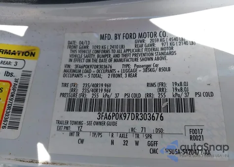 2013 Ford Fusion Titanium z USA, uszkodzony, nr VIN 3FA6P0K97DR303676